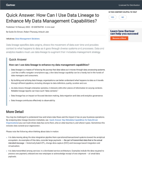 Gartner Quick Answer: How Can I Use Data Lineage to Enhance My Data Management?